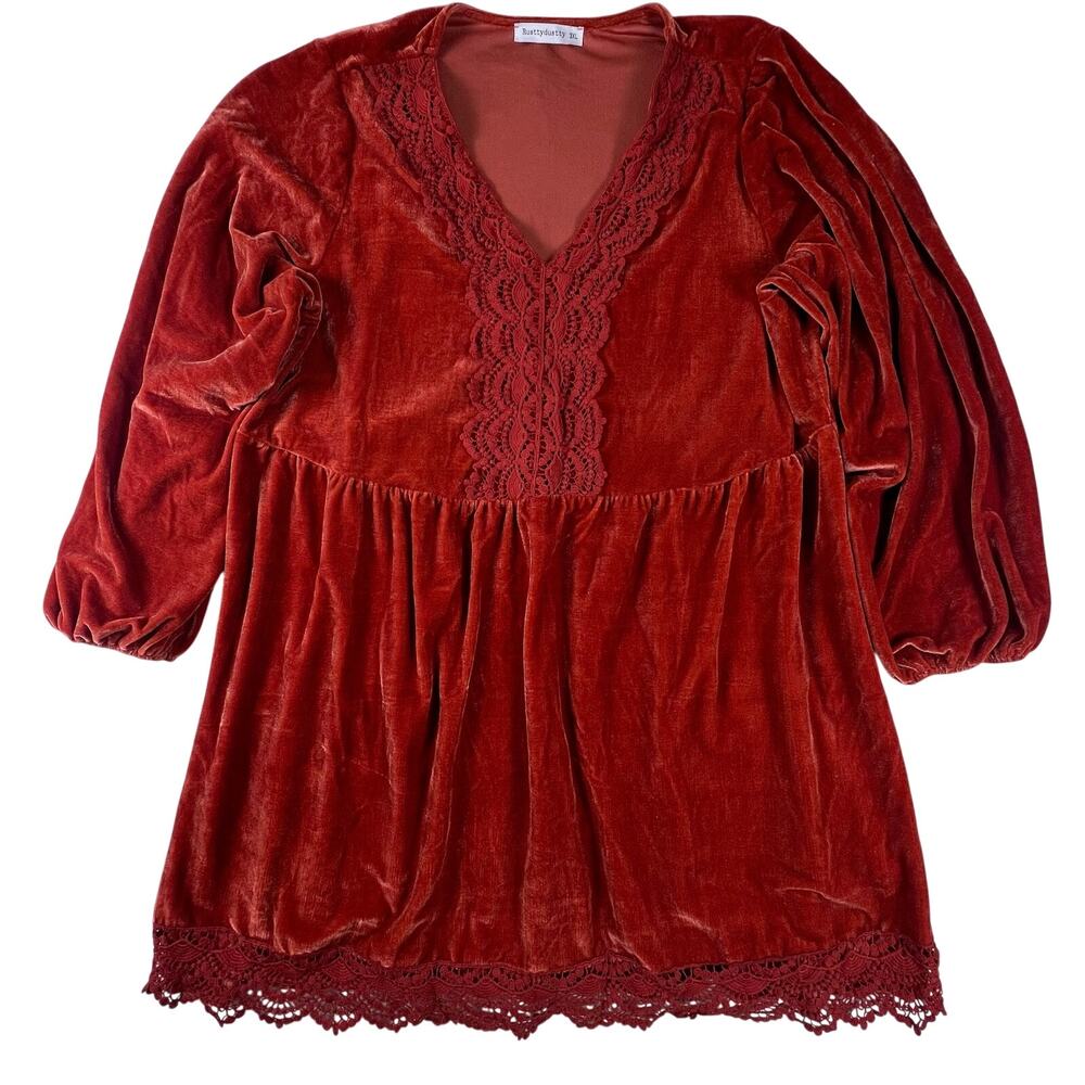 Rust Velvet Lace Mini Dress 3XL | Whimsigoth Fairycore Boho Witchy Romantic - Picture 3 of 16